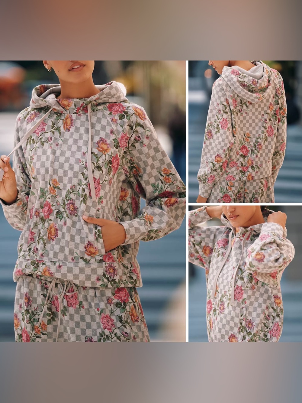 NWOT Anthropologie Daily Practice Hooded Sweatshirt - grey checkered combo - S